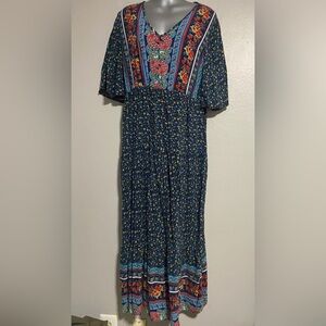 Blue Floral Pleated Maxi  with Flutter Sleeves